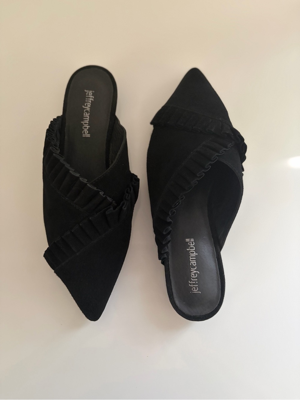 NWOT JEFFREY CAMPBELL LacyAnn Cleo Black Suede Ruffled Pointed Toe Mules Size 7
